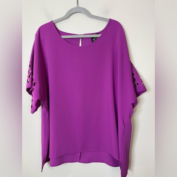Ali Miles NWOT Cutwork Quarter Sleeve Blouse Purple Top Sz 1X Round Neck Office - Picture 2 of 10